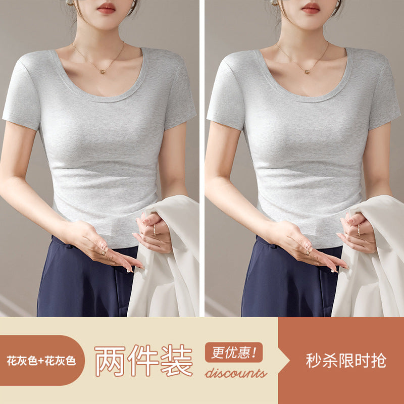 High-quality short-sleeved T-shirt women's 2025 new summer slim-fitting and thin curved hem fashionable foreign U-neck top trendy