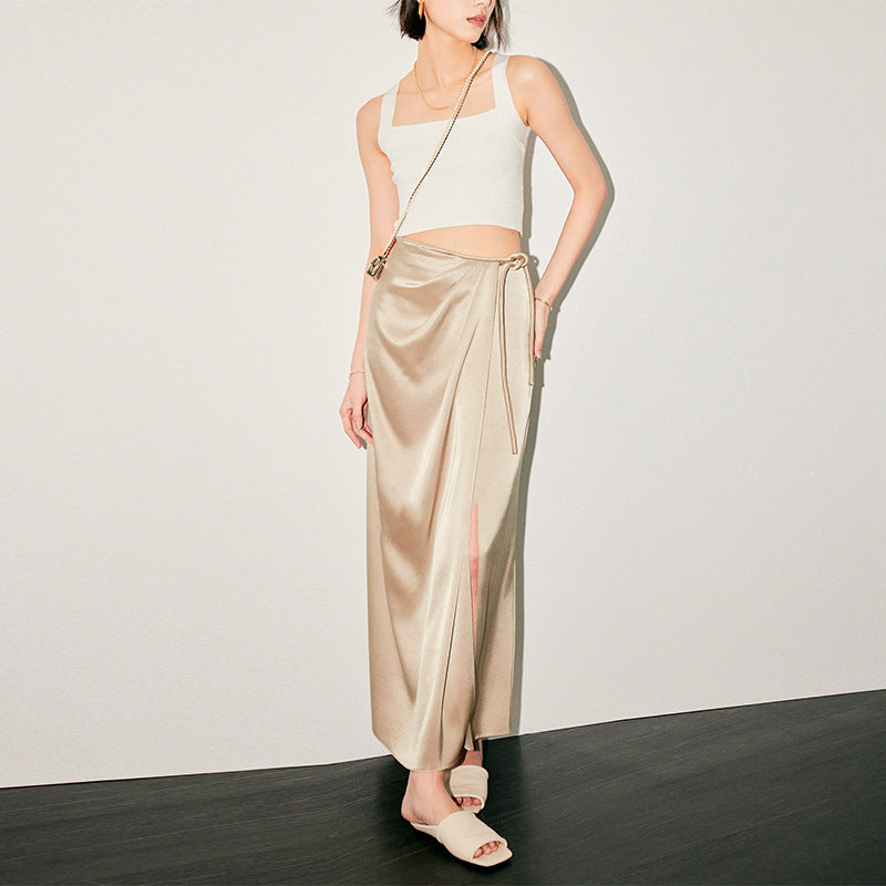 Haute couture Japan Mouth acetic acid cool satin slit streamer drape round rope fluttering pleated skirt summer new women