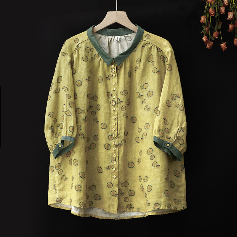 Real shot 2025 summer new cotton and linen Korean version large size printed retro top + pants two-piece suit women