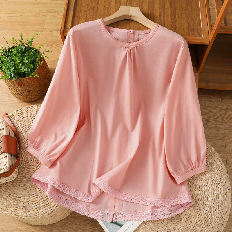 Summer 2025 new cotton and linen literary and retro splicing lace hem shirt top women