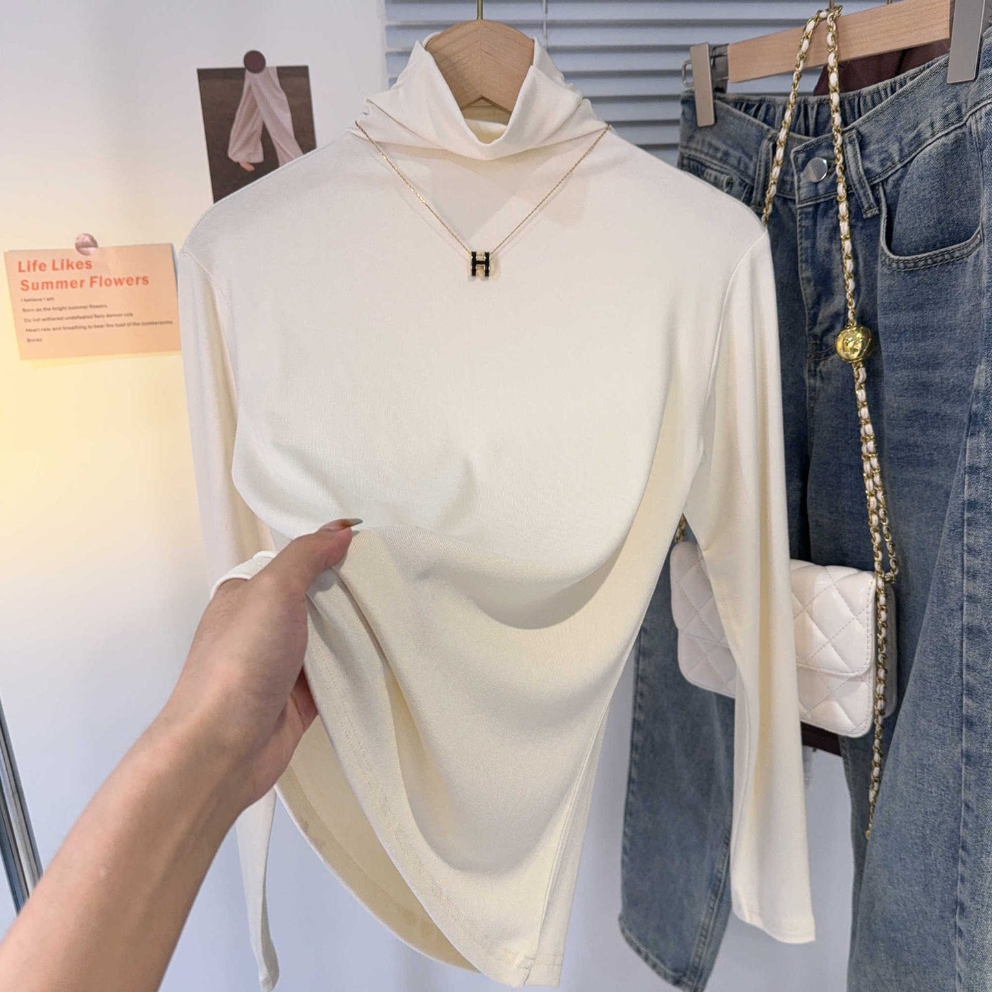 Threaded turtleneck base shirt women's 2025 new autumn and winter inner stacked collar long-sleeved T-shirt foreign style black versatile top