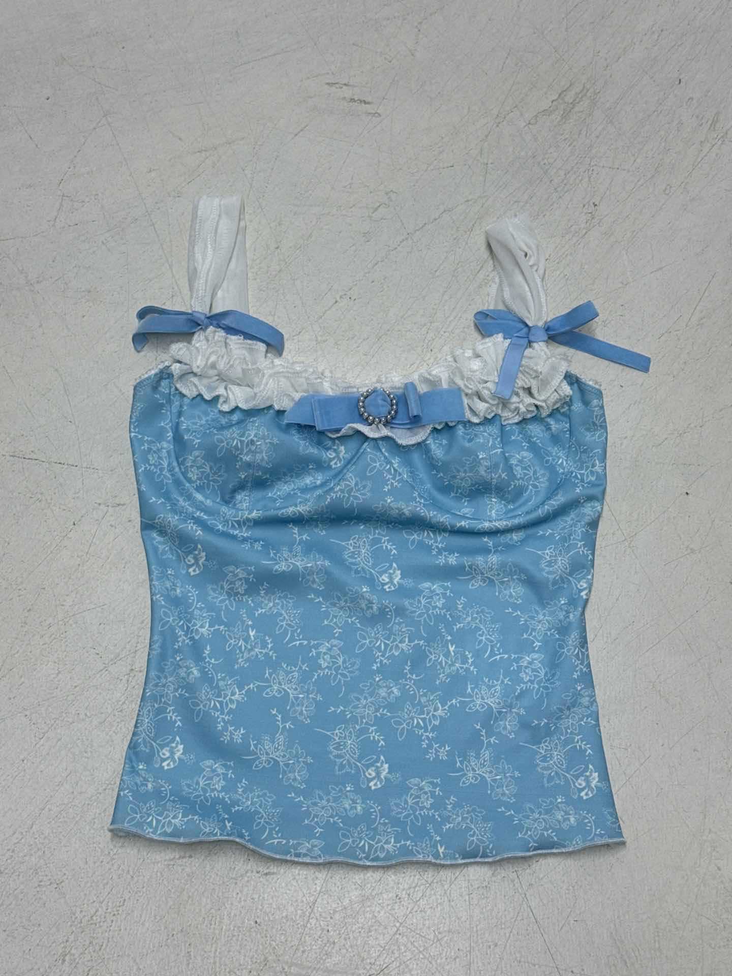 Girls age-reducing lace bow splicing sling vest plant-printed blue square neck slim-fit knitted sweater top