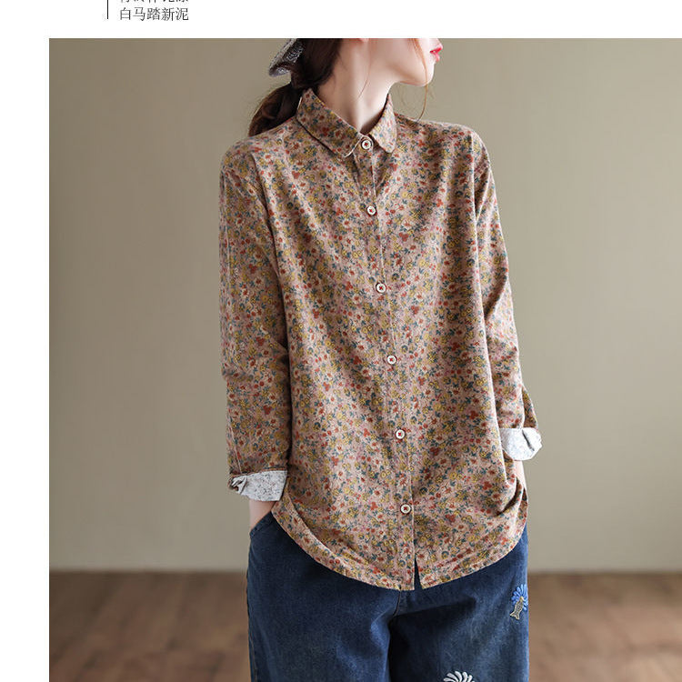 Spring 2024 new cotton and linen large size literary loose floral long-sleeved shirt top women #2022