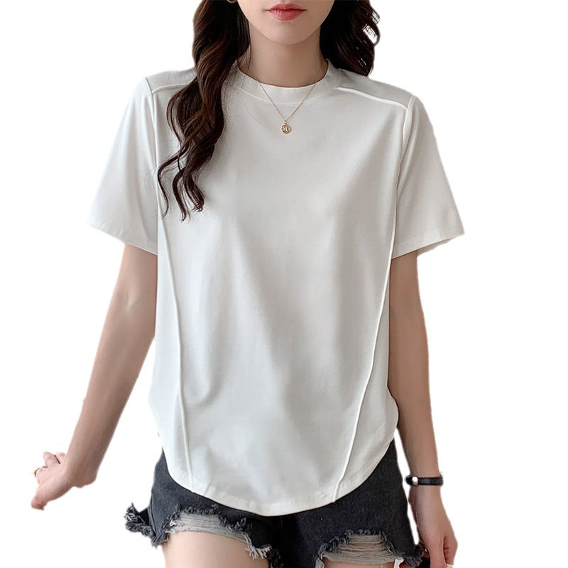 Short-sleeved T-shirt women's hem curved Roman Tencel fish bone half-sleeved ice silk top loose summer stomach cover t-shirt