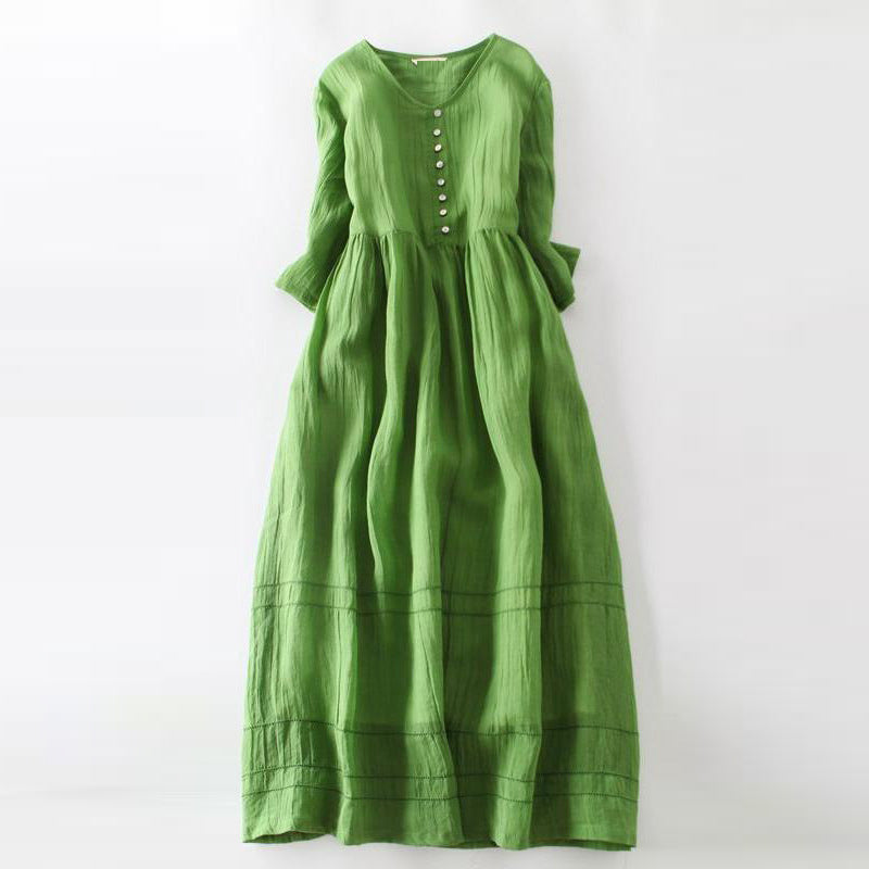 Real shot 2024 summer new literary loose splicing solid color cotton and linen round neck five-quarter sleeve dress women's medium and long