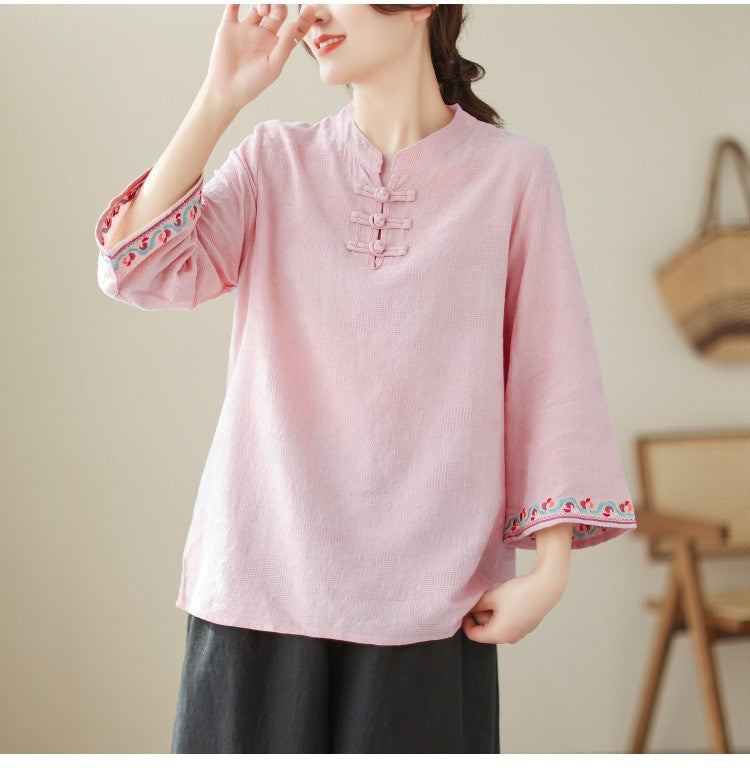 Real shot 2025 summer new retro jacquard cotton and linen disc buckle seven-quarter sleeve shirt women's shirt top 2870 #