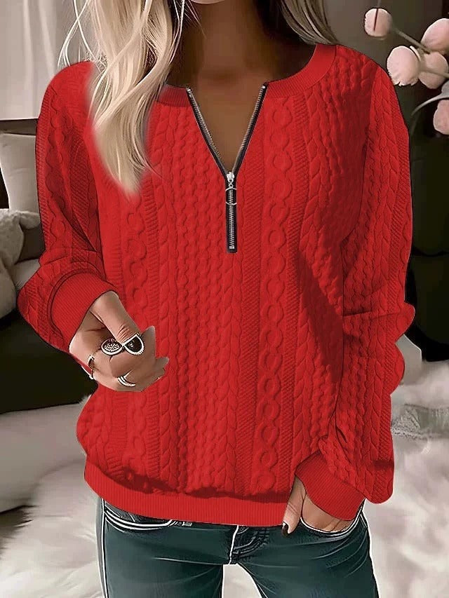 2025 European and American cross-border Amazon independent station autumn and winter new women's clothing long-sleeved solid color V-neck zipper T-shirt top