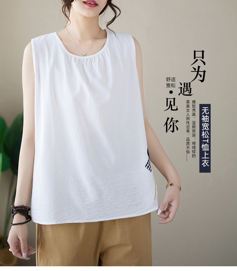 In the summer of 2025, the new cotton and linen patches, fine wrinkle vest, women's loose sleeveless T-shirt top