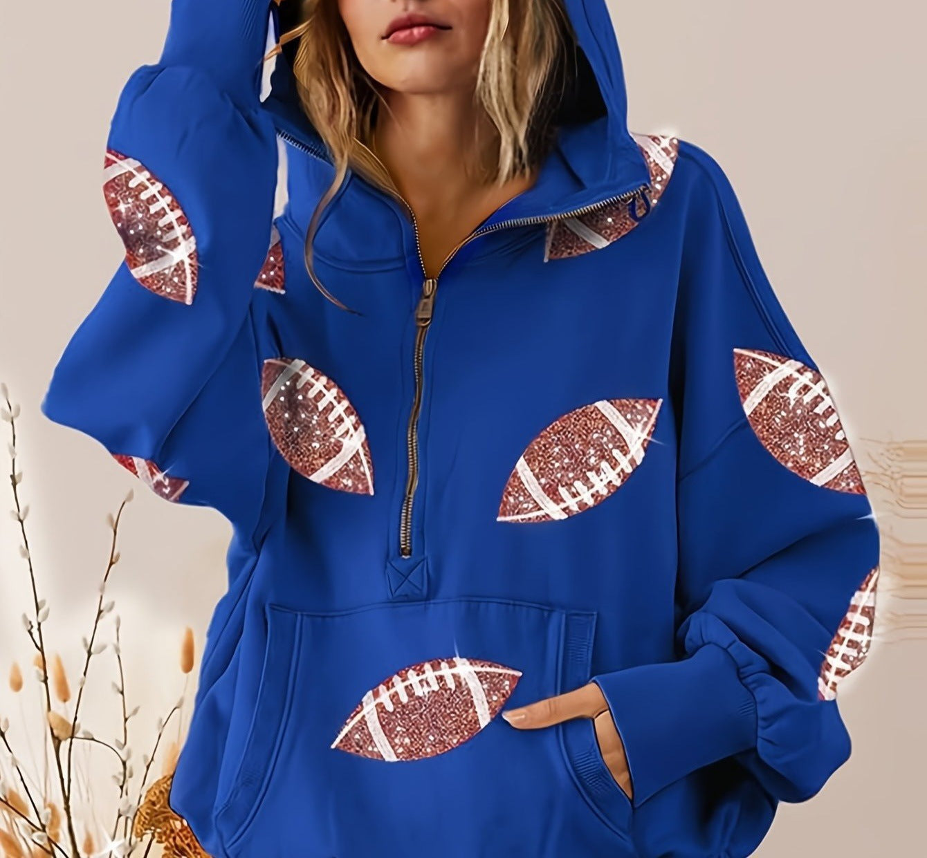 2025 Amazon Independent Station sequined splicing hooded sweater European and American women's clothing zipper drawstring long-sleeved top spot