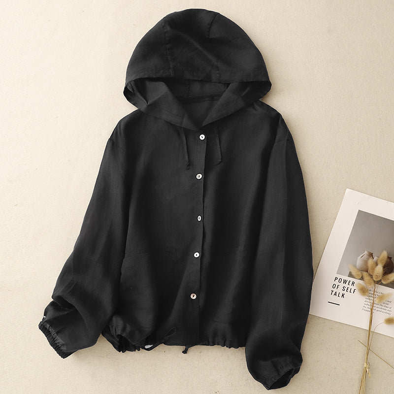 Real shot 2025 summer cotton and linen large size hooded loose long sleeve breathable sunscreen jacket air conditioner shirt women's clothing