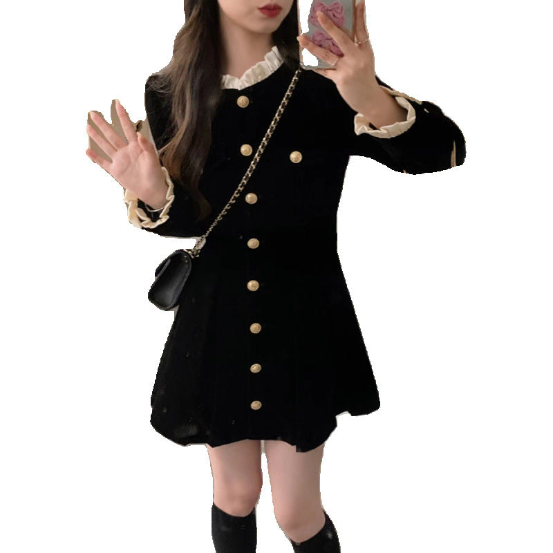 French velvet dress women's long-sleeved small black dress 2025 autumn and winter new single-breasted design waist and thin temperament