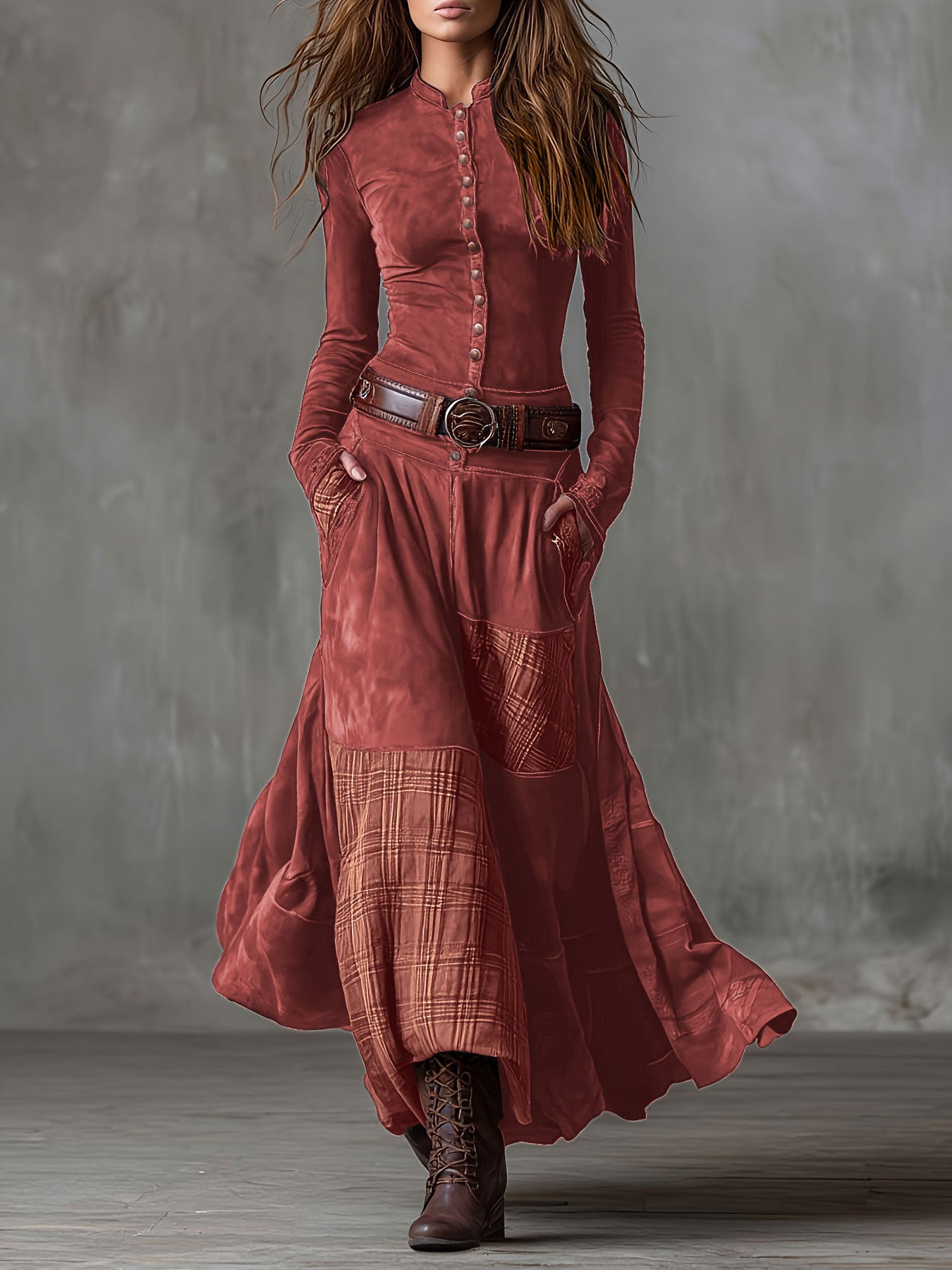 2025 Independent Station Foreign Trade Suede Plaid Collage Vintage Temperament Dress with Pocket Button Belt Belt