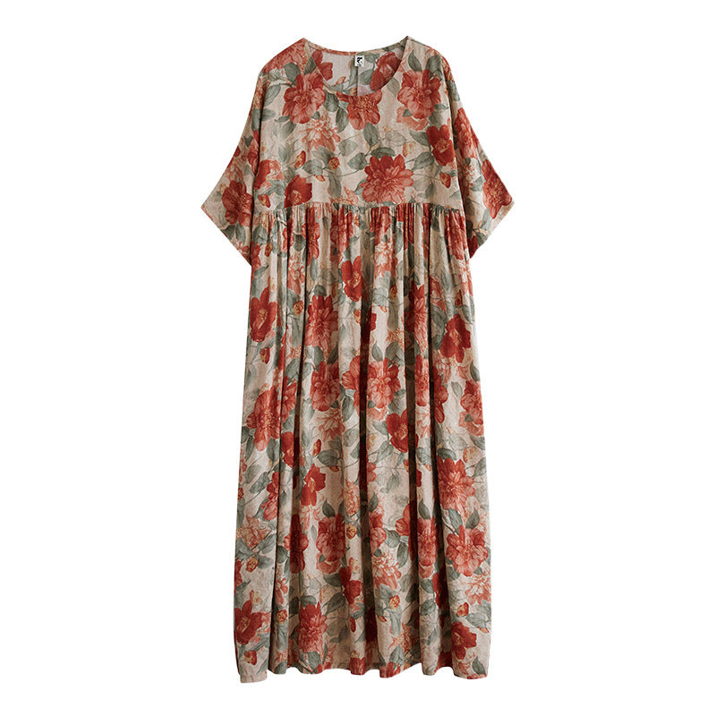 2025 summer new cotton and linen large size literary and retro round neck short sleeve loose foreign trade dress women's clothing