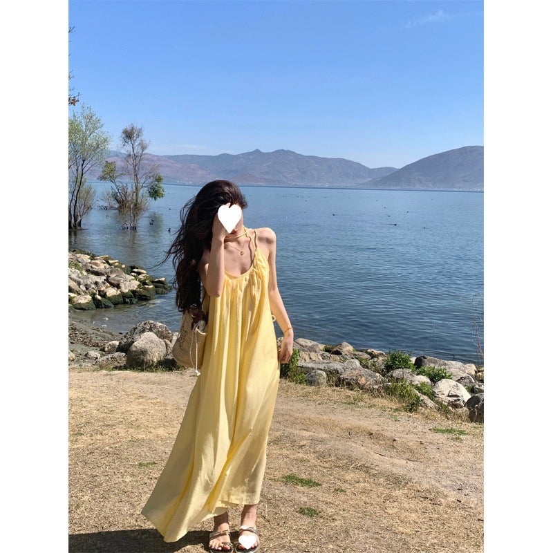 French yellow suspender dress women's clothing summer seaside vacation style wear skirt loose A-shaped skirt long skirt