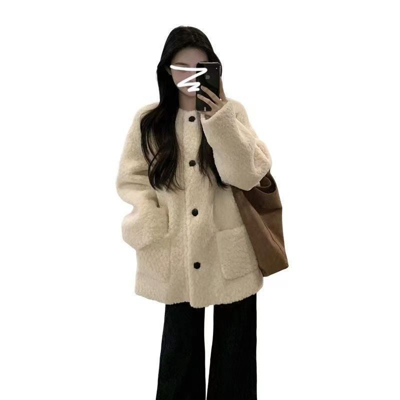 Small fragrant imitation lamb plush coat women's 2025 new popular autumn and winter Korean velvet thickened top