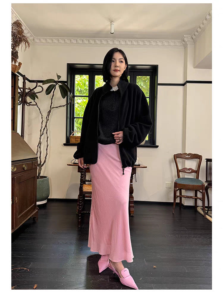 2025 autumn and winter new silk velvet long half-body elastic waist split French 45 ° oblique cut fishtail A-shaped skirt