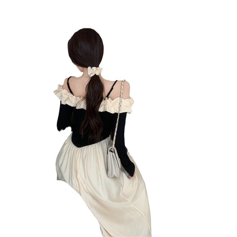 French temperament lace one-line collar splicing contrast long-sleeved dress women's 2025 season new mid-length A-line skirt