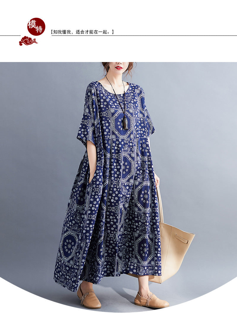 Real shot 2025 summer new literary large size loose printing round neck short sleeve dress women's long dress 6627 #