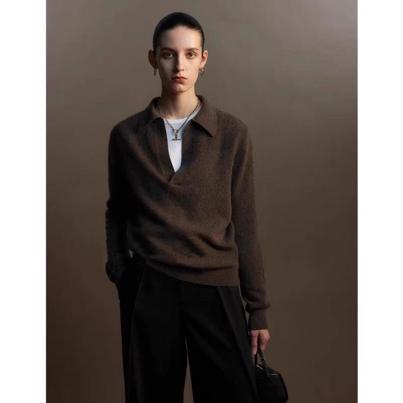 Autumn and winter gray base V-neck small lapel wool sweater women's loose high-end knitted sweater with long-sleeved top