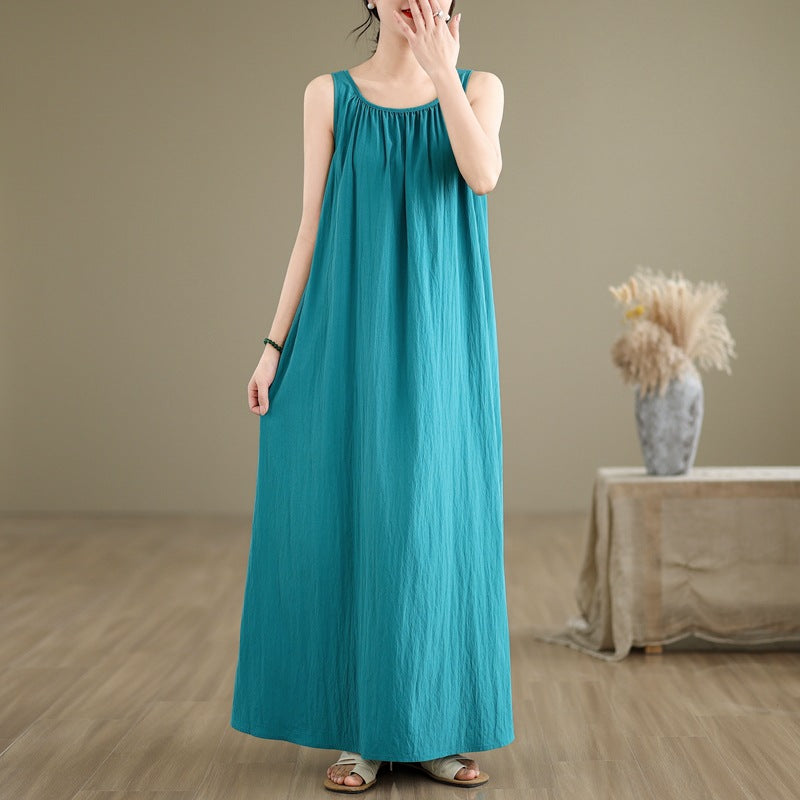 2025 summer new literary and retro loose sleeveless medium and long dress women