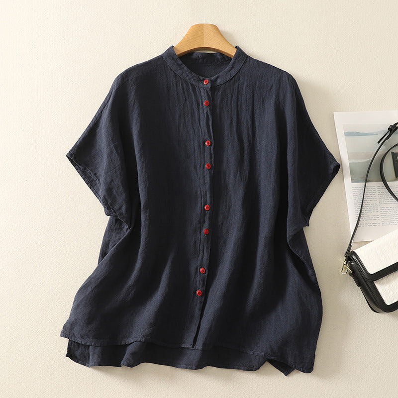 Real shot 2025 summer new cotton and linen solid color Chinese style large size loose casual short-sleeved shirt top women