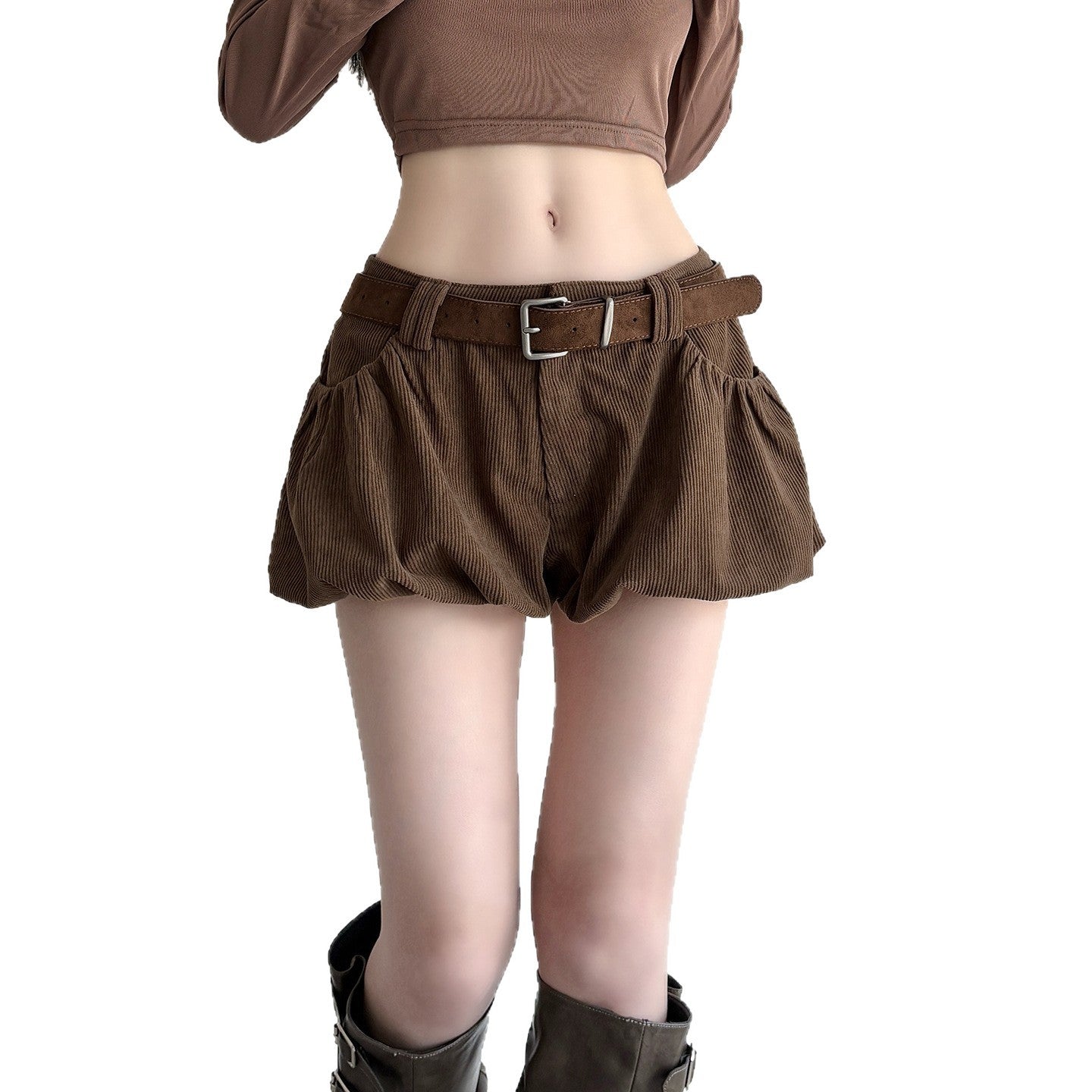 2025 autumn Korean style sweet and spicy new corduroy bud culottes low waist design suede belt accessories shorts