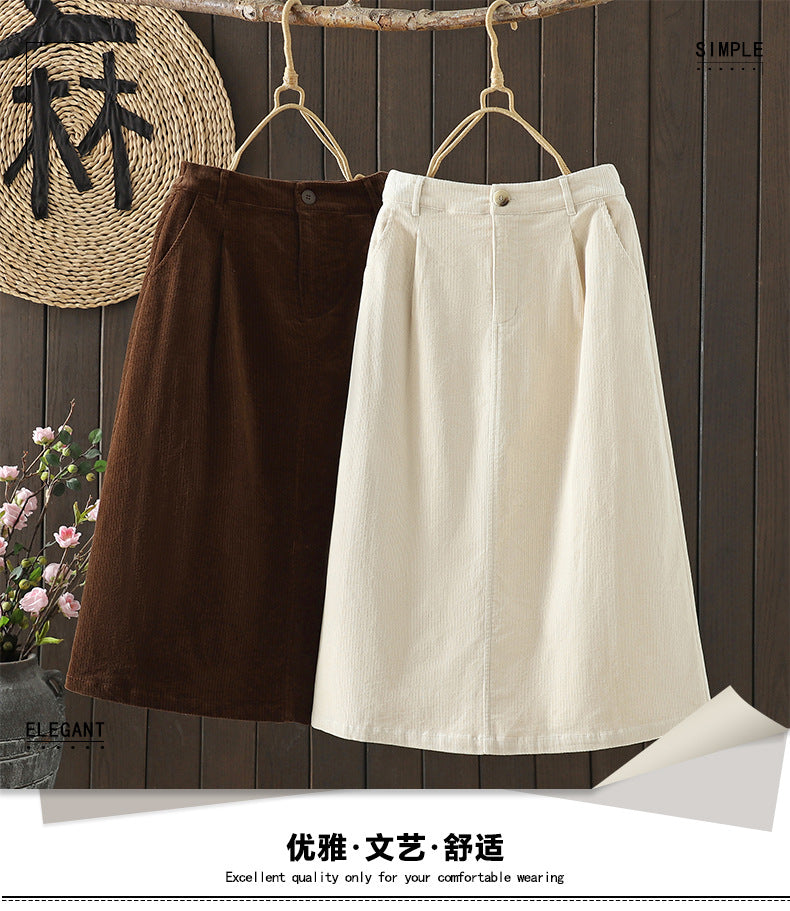 Coffee retro corduroy skirt women's 2025 autumn and winter texture loose a-word skirt elastic waist