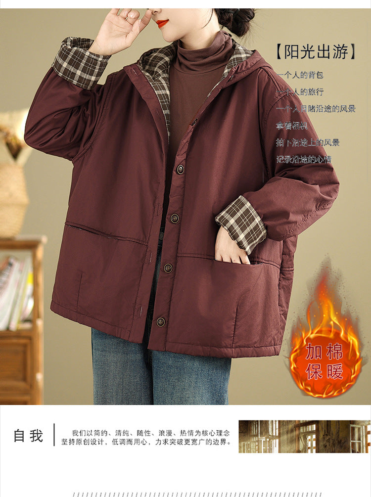 Real shot 2025 winter retro cotton trench coat double-layer jacket inner plaid hooded cotton-padded jacket warm cotton-padded jacket