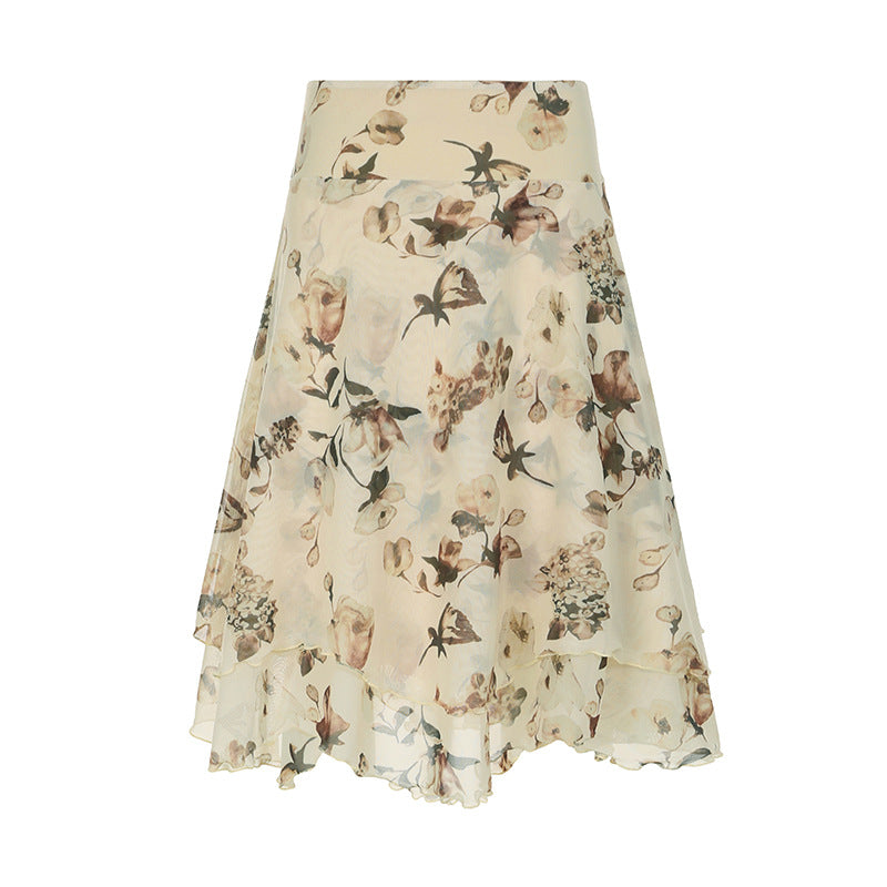 Love cloth forget to be careful, Spice Girl wind floral ruffle edge irregular long skirt, holiday wind light mesh skirt