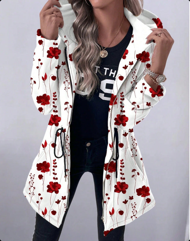 2025 European and American cross-border women's clothing medium and long zipper sweater printed hooded long-sleeved jacket Japan and Korea leisure