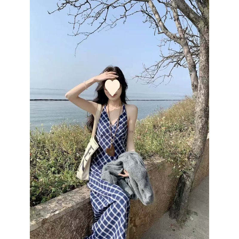 French temperament contrasting color plaid neck suspender skirt women's summer retro high-end dress, thin A-shaped long dress