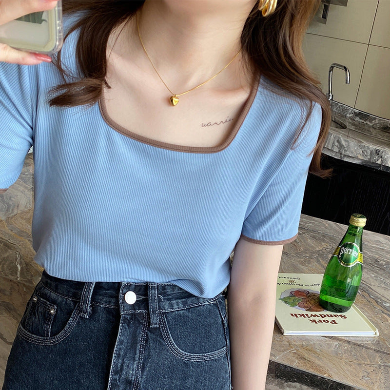 Selection of high elastic threaded cotton square neck short-sleeved t-shirt for women's 2026 summer new front shoulder versatile bottom top