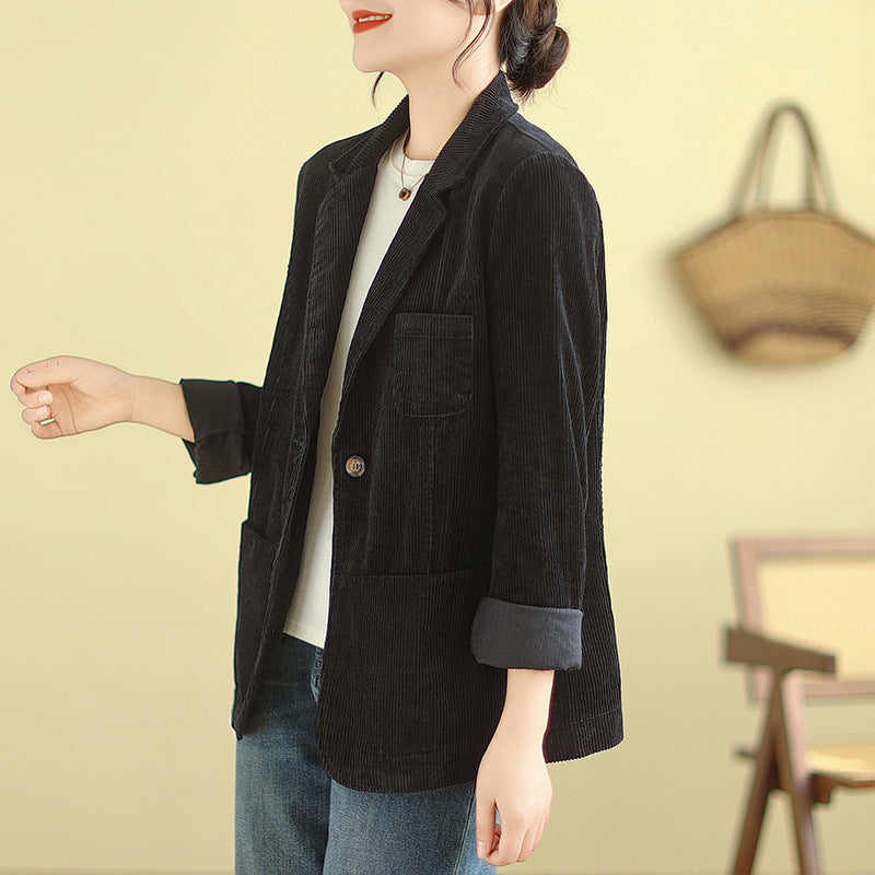 Real shot 2025 spring new casual solid color corduroy women's long-sleeved jacket small suit #9509