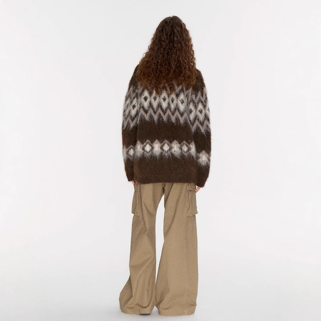 Winter atmosphere wool cardigan, jacquard pulling craft loose Fair Island sweater jacket