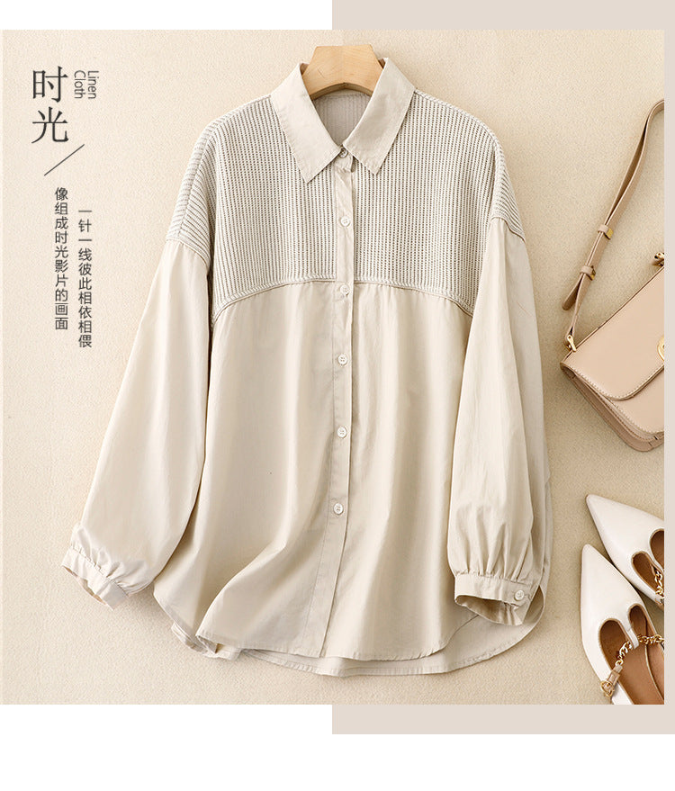 Real shot 2025 autumn new loose solid color lapel corduroy splicing long-sleeved shirt jacket shirt women's top