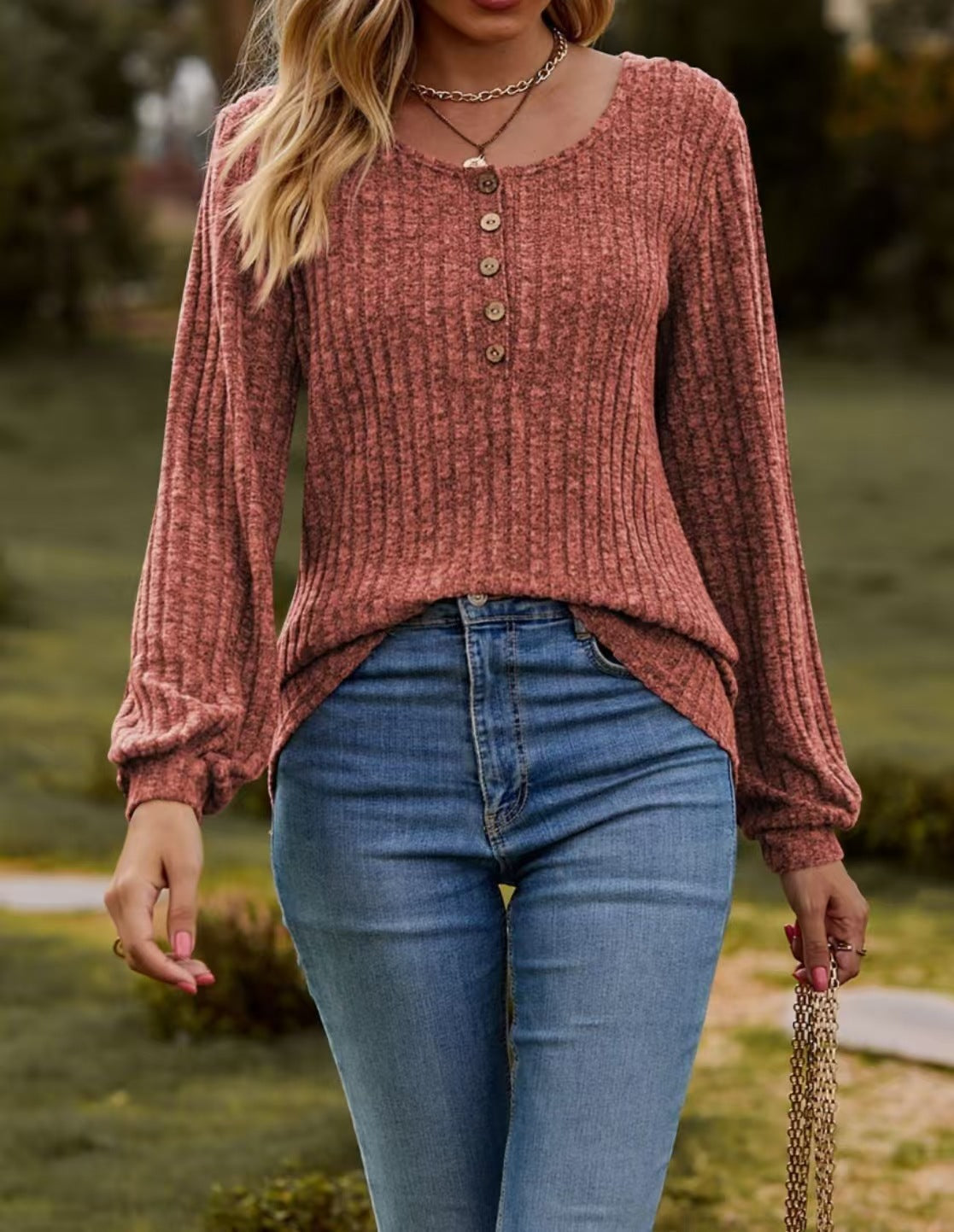 Spot cross-border new women's clothing Amazon women's round neck pit strip polished solid color button splicing long-sleeved T-shirt