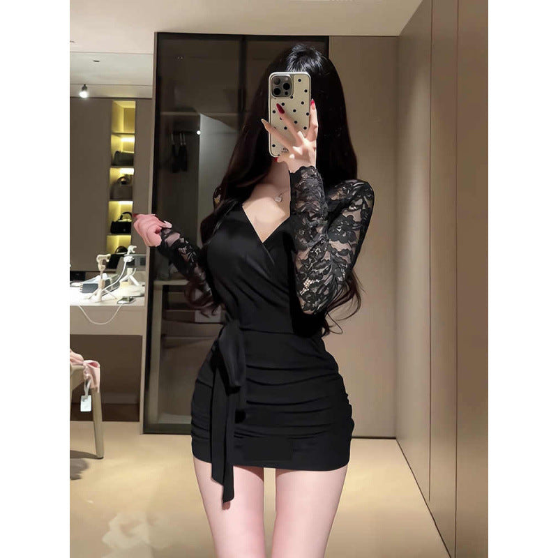 Black temperament, V-neck long sleeves, inner dress, women's spring hot girl, slimming slimming lace hip-hugging short skirt
