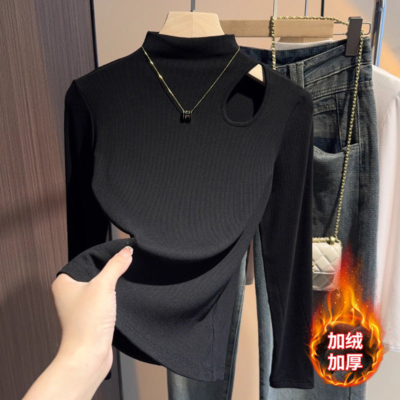 High-end black semi-turtleneck short-sleeved t-shirt women's 2025 new summer hollowed-out knitted front shoulder thin top trendy