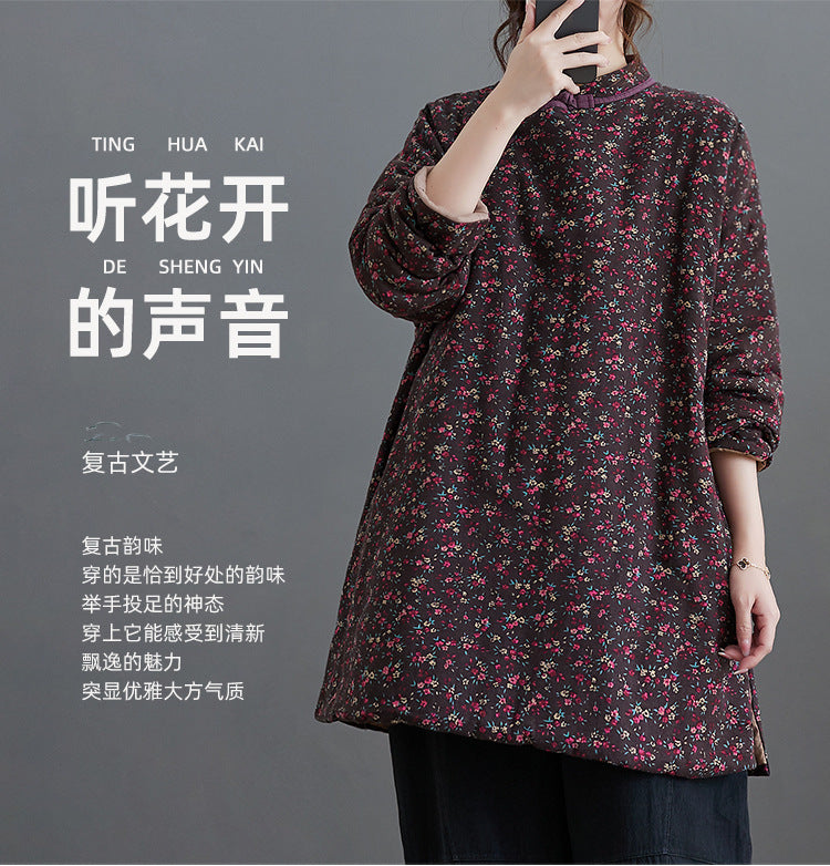 Real shot in the winter of 2025, new floral padded cotton, thickened disc buckle, retro and improved medium and long padded jacket.