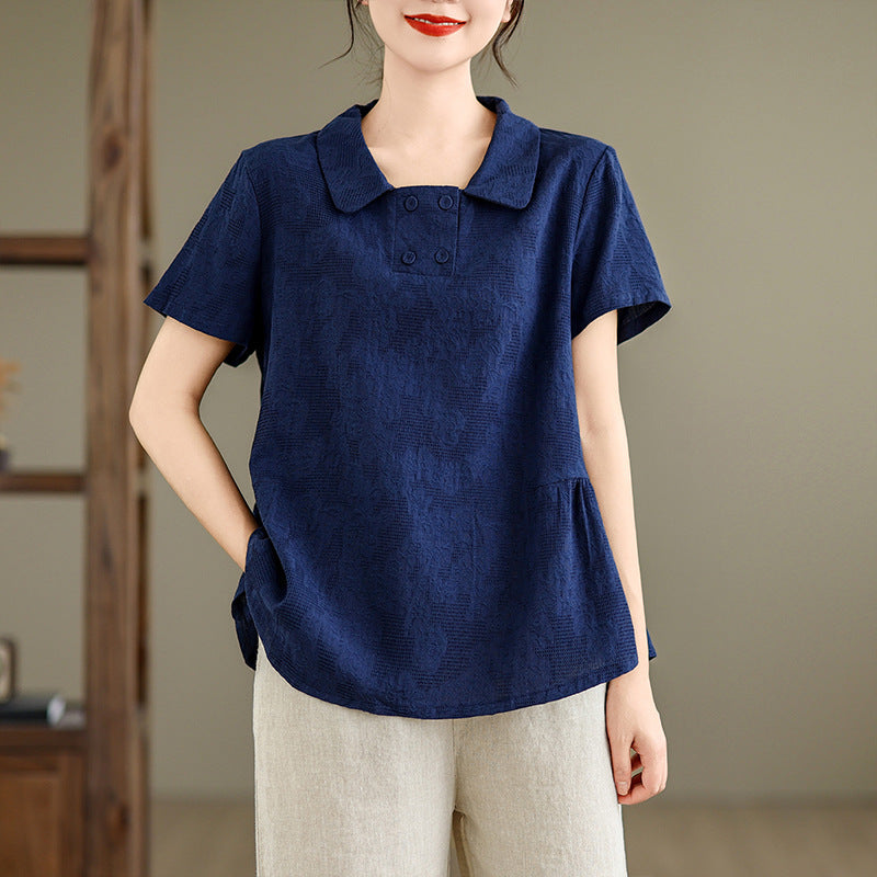 Real shot 2025 summer new literary loose jacquard cotton and linen lapel short-sleeved shirt blouse top #2308