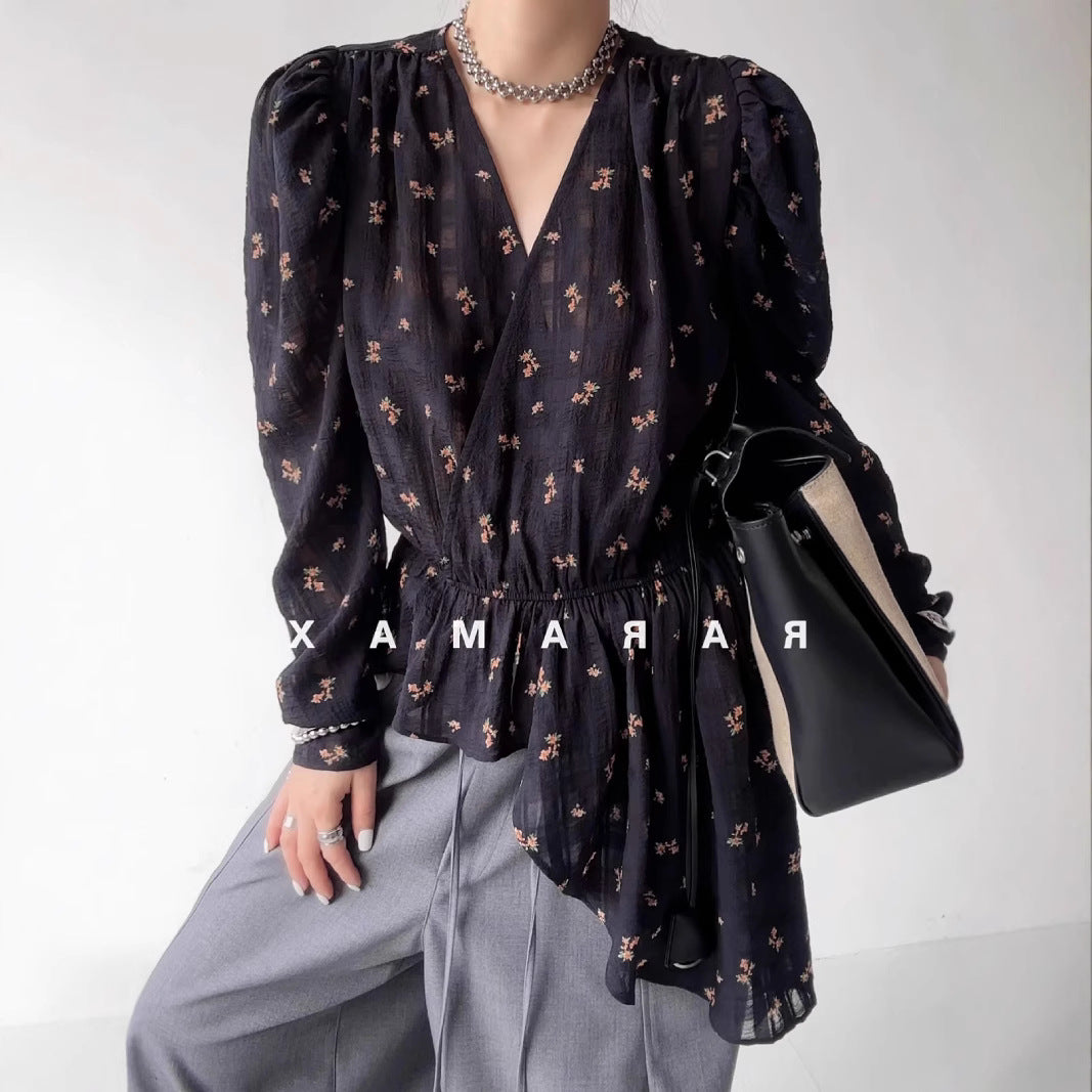 New BohoChic'yarn hemp 'silk, court bubble sleeves, printed chiffon shirt