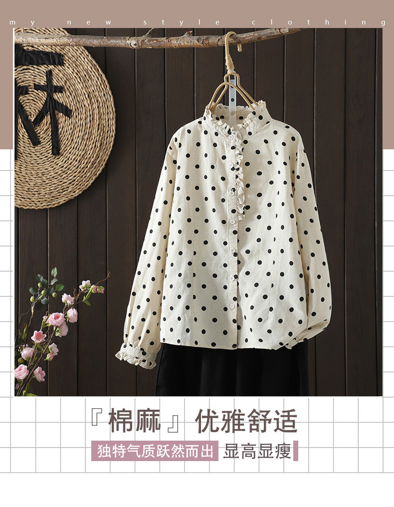 Real shot, spring 2025 new literary loose polka dot lotus leaf collar long-sleeved shirt women's shirt top #776