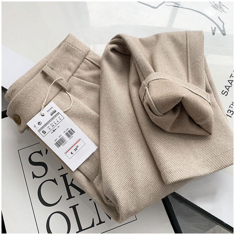Wan year good version, autumn and winter BI hoarding! Simple and versatile solid wear twill texture woolen casual pants straight pants women