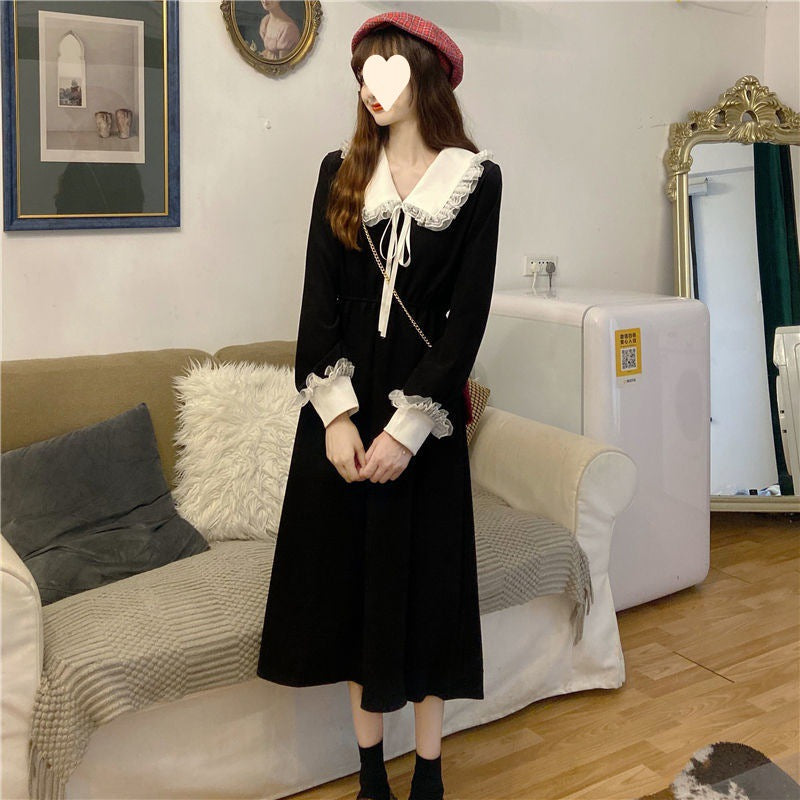 New Christmas Fall Winter French Dress Women's Red Waist Slim Long Sleeve Hepburn Dress Plus Size