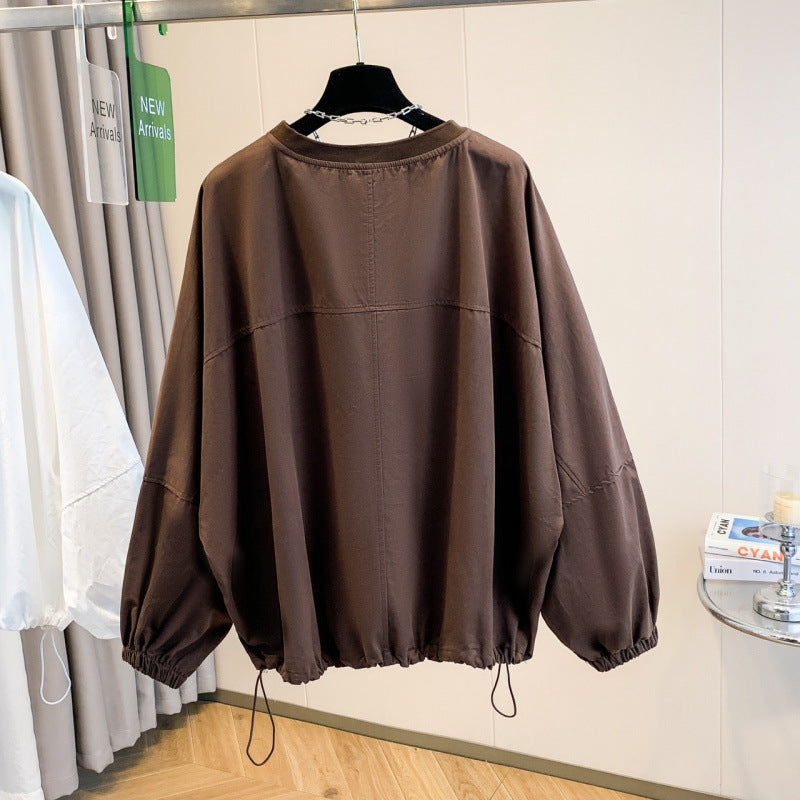 Real shot 2025 autumn new solid color loose casual bat sleeve round neck long sleeve T-shirt women's top