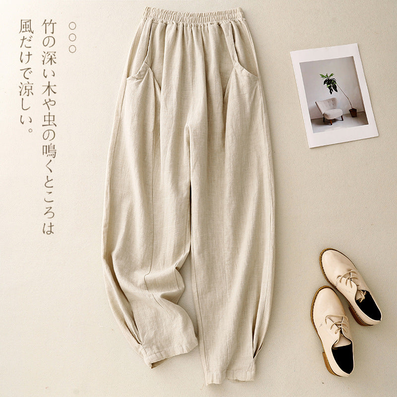 Real shot 2025 summer new casual loose solid color cotton and linen elastic waist bloomers trousers women #8889