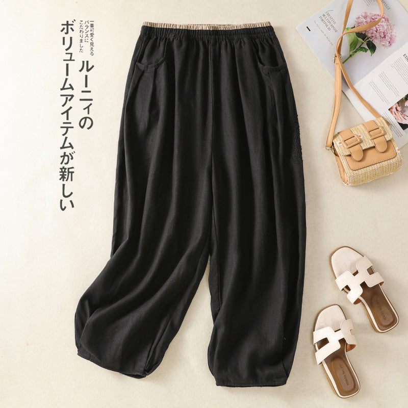 Real shot 2025 summer large size literary and retro cotton and linen embroidered bloomers color matching elastic waist loose Harlan pants