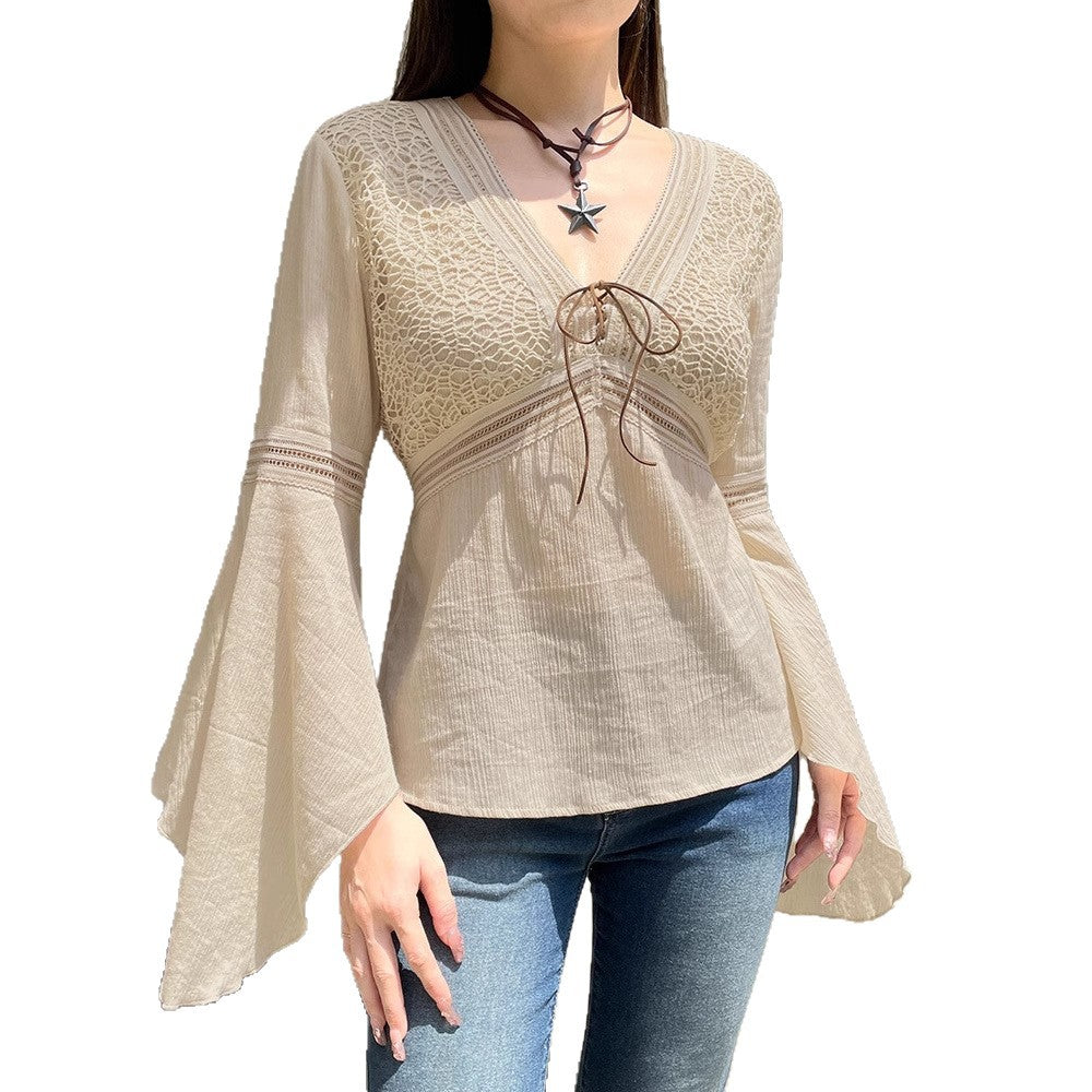 Love Cloth Forget Ancient Wasteland Ethnic Style Checkered V-Neck Lace-Up Horn Long Sleeve Top Celebrity Versatile Knitted Sweater