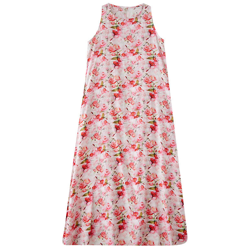 Real shot 2025 summer new bohemian long dress fattened and enlarged sleeveless crew neck printed dress women's clothing