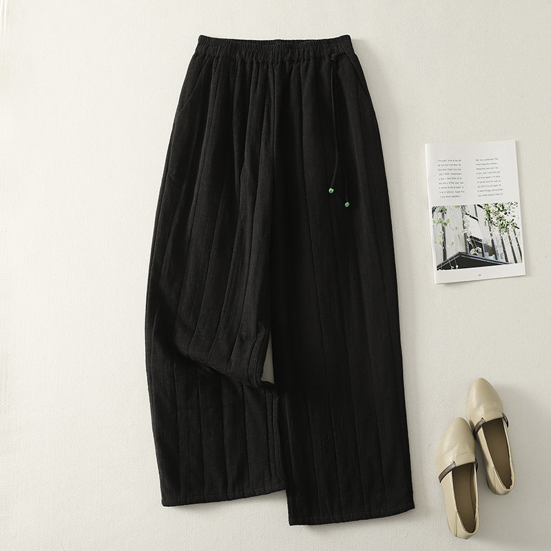 Real shot 2025 winter new literary and artistic simple elastic waist thin warm striped cotton-padded wide-leg pants cotton pants women